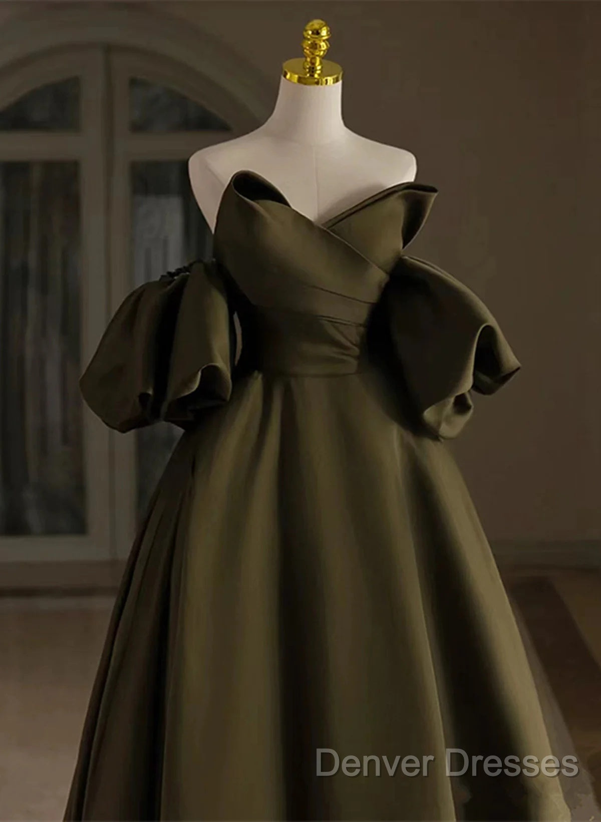 Off Shoulder A-Line Satin Green Long Party Dress, Green Evening Dress Prom Dress