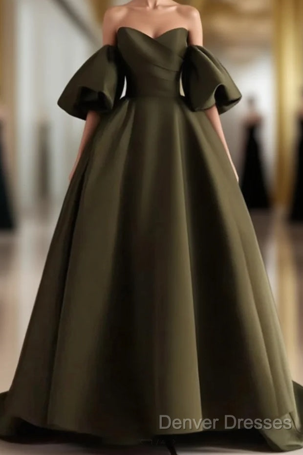 Off Shoulder A-Line Satin Green Long Party Dress, Green Evening Dress Prom Dress Main image
