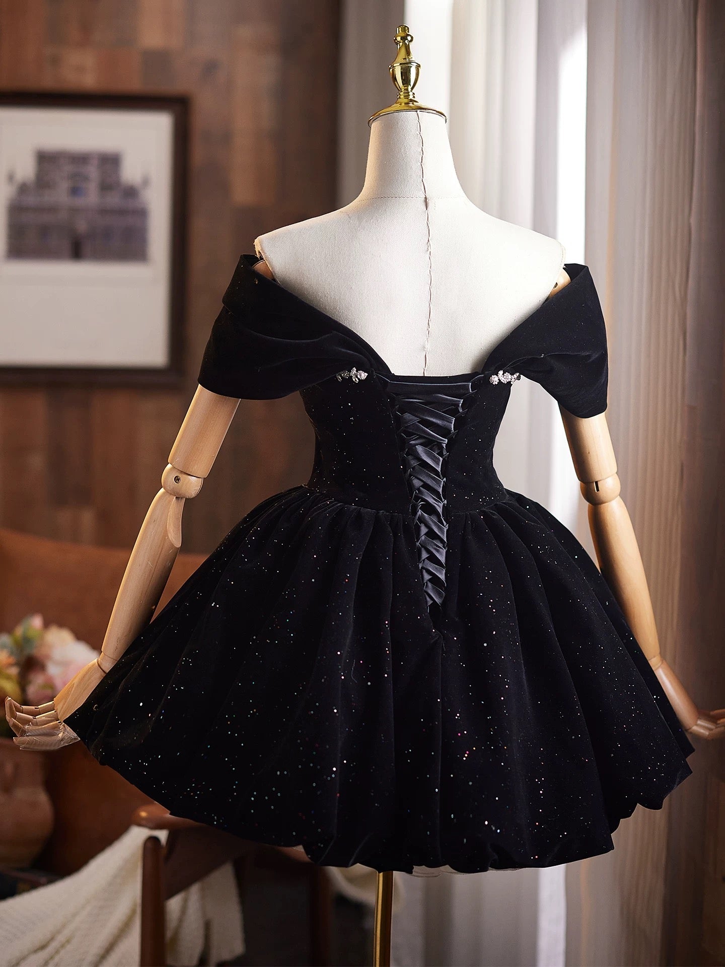 Off Shoulder A-Line Velvet Black Prom Dress, Black Homecoming Dress Secondary image