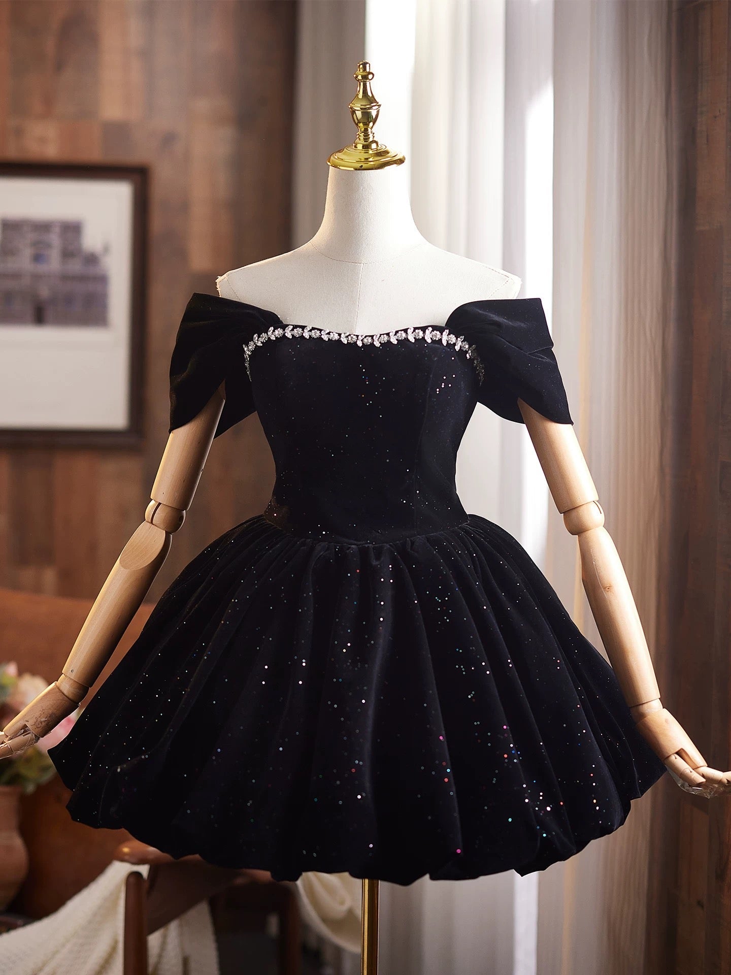 Off Shoulder A-Line Velvet Black Prom Dress, Black Homecoming Dress Main image