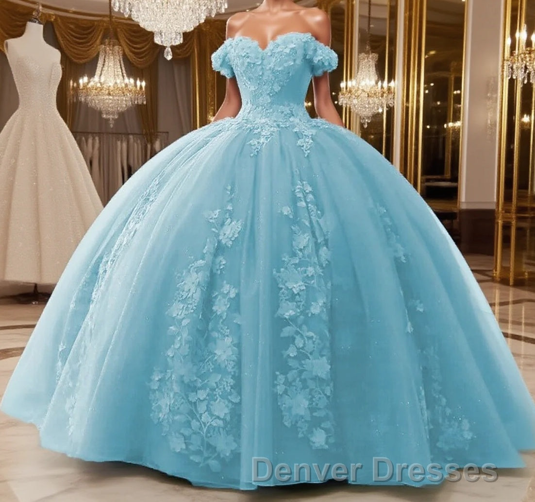 Off Shoulder Ball Gown Quinceanera Dress 3D Floral Applique Gowns