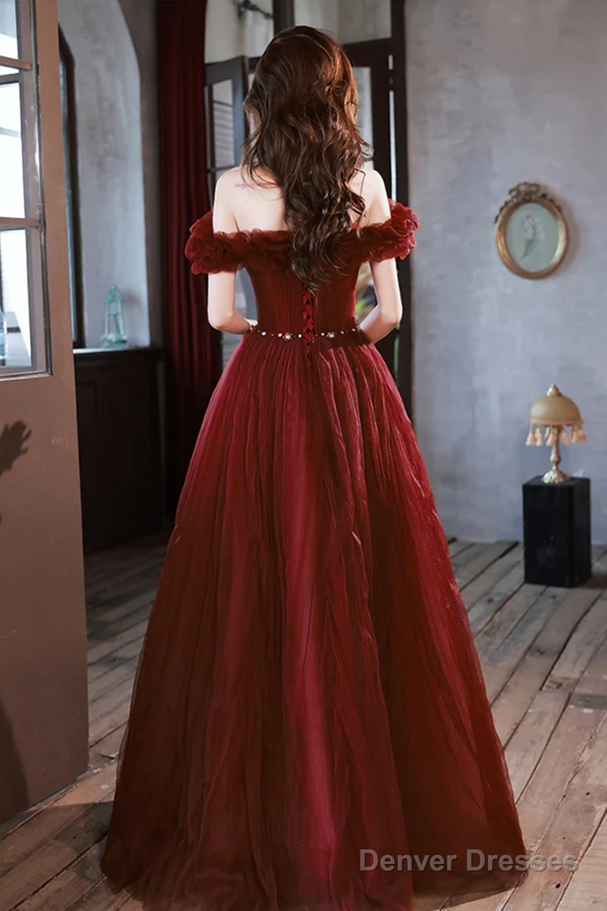Off Shoulder Beaded Tulle Long Party Dress, A-Line Tulle Long Formal Dress Prom Dress Secondary image