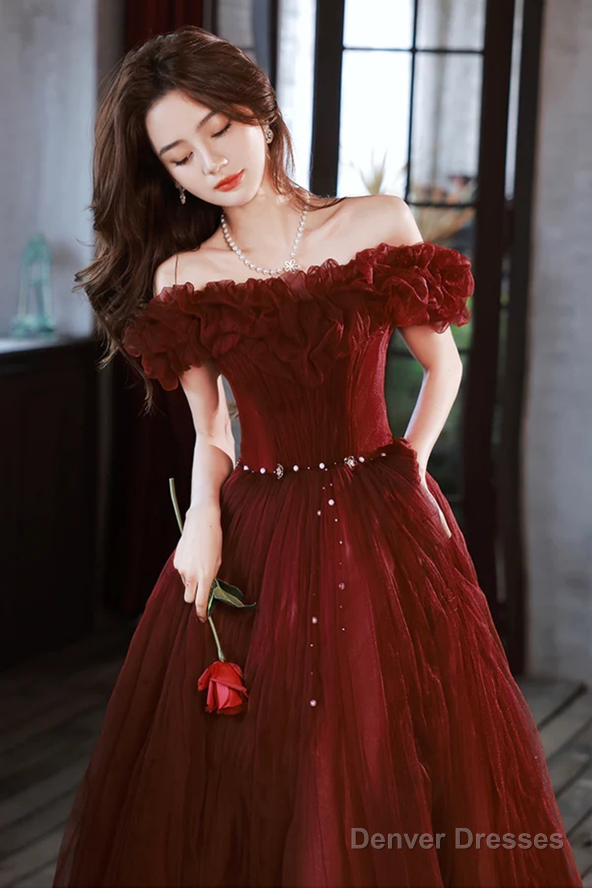 Off Shoulder Beaded Tulle Long Party Dress, A-Line Tulle Long Formal Dress Prom Dress