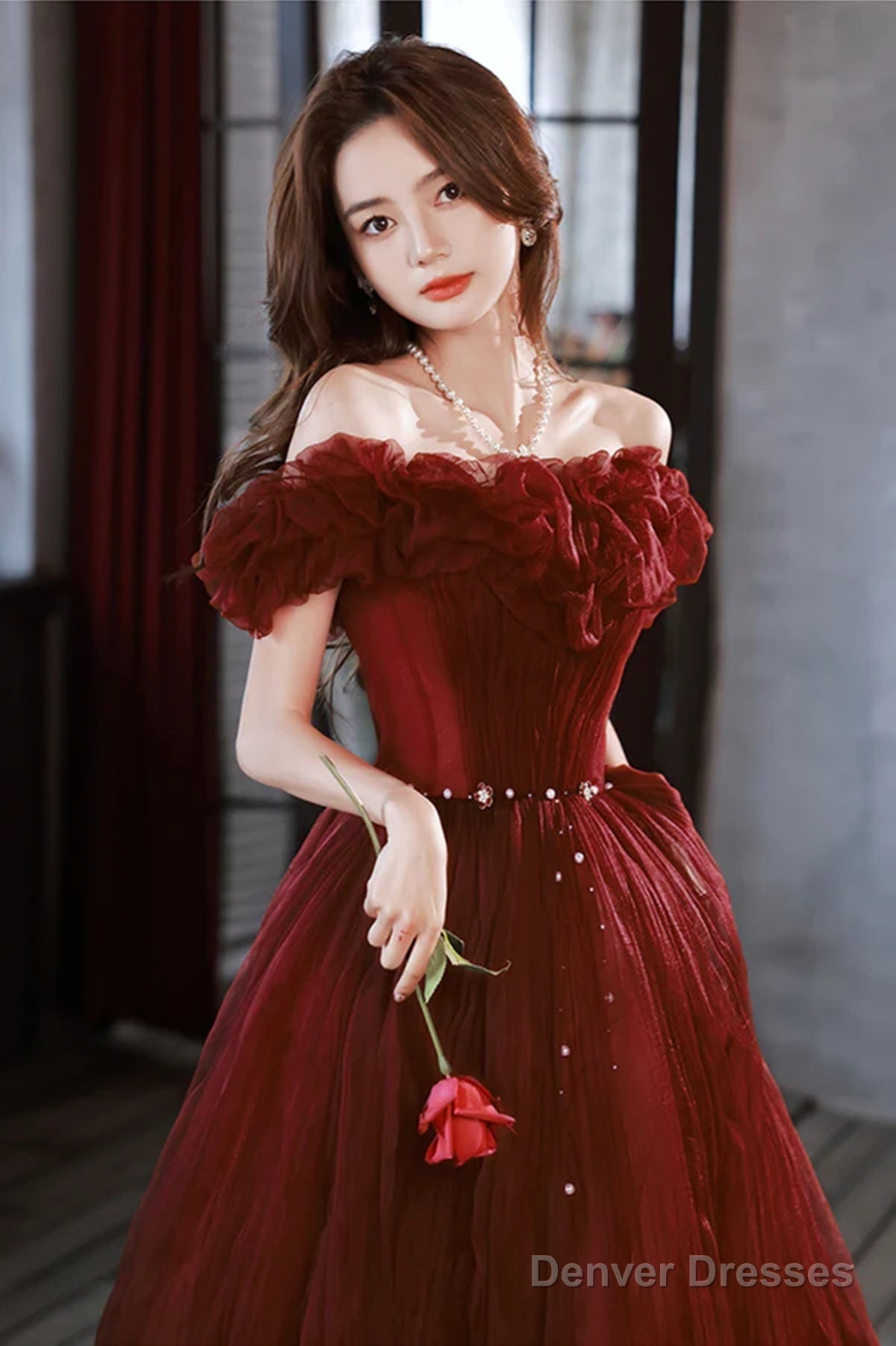 Off Shoulder Beaded Tulle Long Party Dress, A-Line Tulle Long Formal Dress Prom Dress