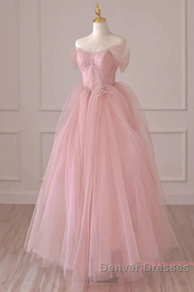 Off Shoulder Beading Pink Tulle Princess Prom Dress Secondary image