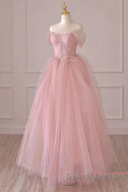 Off Shoulder Beading Pink Tulle Princess Prom Dress
