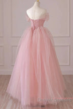 Off Shoulder Beading Pink Tulle Princess Prom Dress