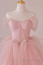 Off Shoulder Beading Pink Tulle Princess Prom Dress