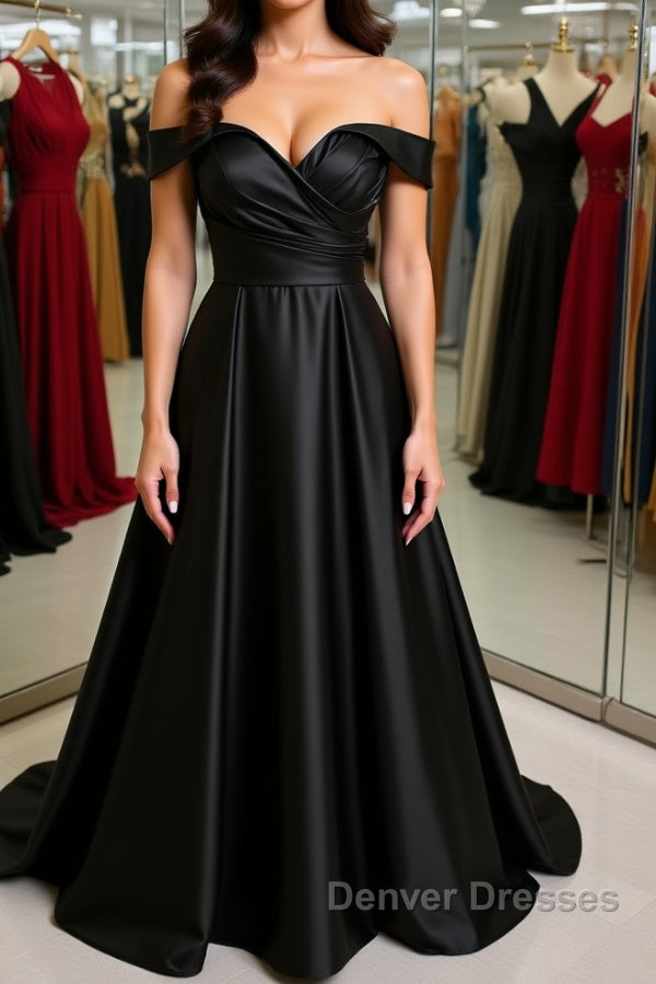 Off Shoulder Black Satin Long Prom Dress, Long Black Formal Graduation Evening Dress