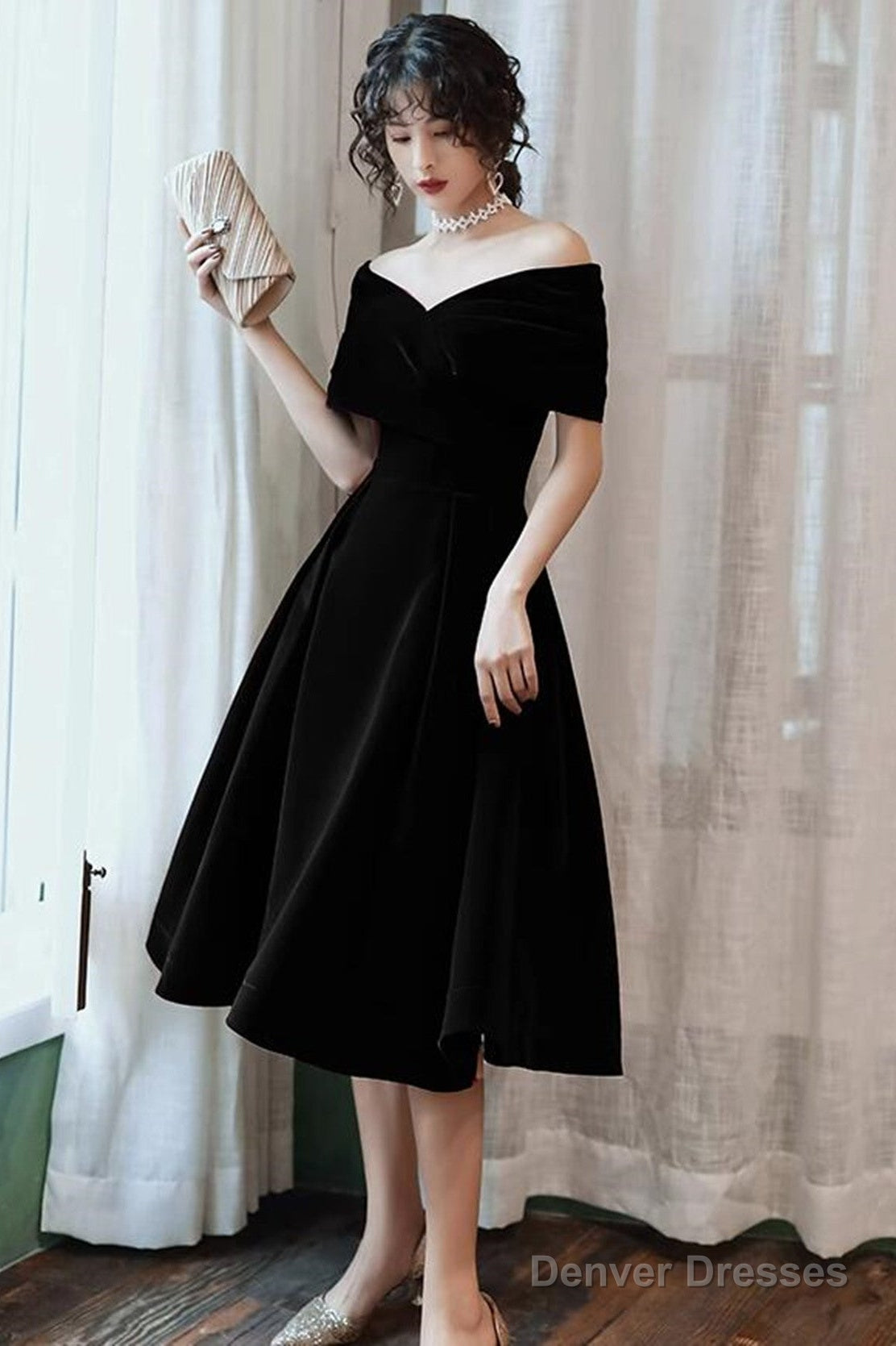 Off Shoulder Black Velvet Tea Length Party Dress, Off Shoulder Velvet Homecoming Dress Secondary image