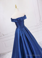 Off Shoulder Blue Satin A-line Floor Length Prom Dress, Blue Simple Formal Dress