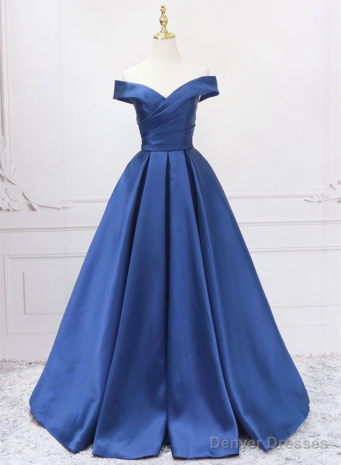 Off Shoulder Blue Satin A-line Floor Length Prom Dress, Blue Simple Formal Dress Secondary image