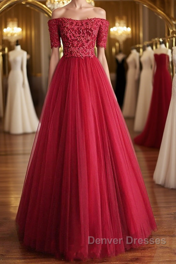 Off Shoulder Burgundy Lace Long Prom Dress, Burgundy Lace Formal Dress, Burgundy Evening Dress