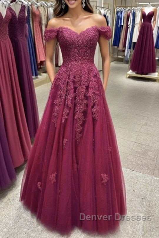 Off Shoulder Burgundy Lace Prom Dress, Off the Shoulder Burgundy Formal Dress, Burgundy Lace Evening Dress Main image