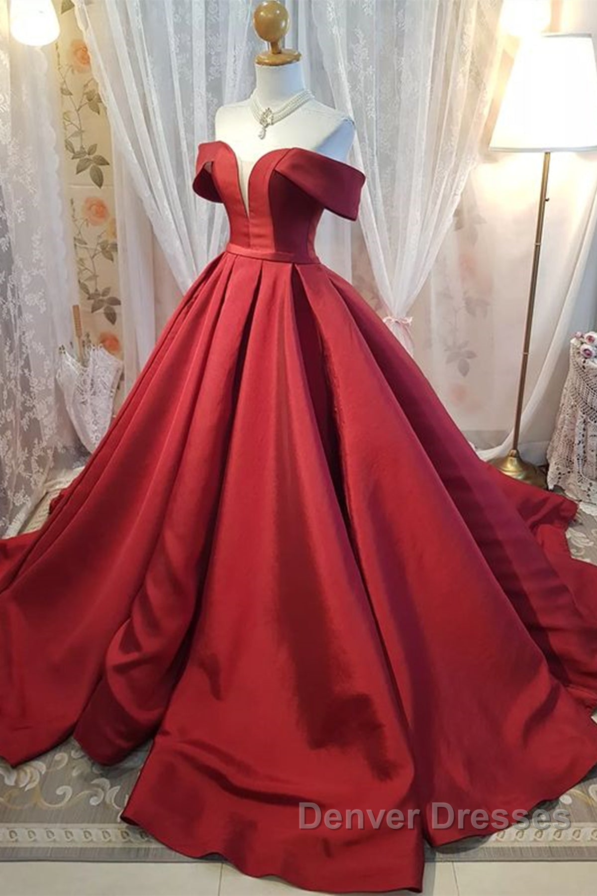 Off Shoulder Burgundy Satin Long Prom Dress, V Neck Burgundy Formal Evening Dress, Burgundy Ball Gown