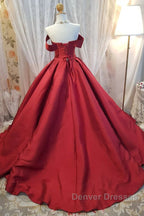 Off Shoulder Burgundy Satin Long Prom Dress, V Neck Burgundy Formal Evening Dress, Burgundy Ball Gown