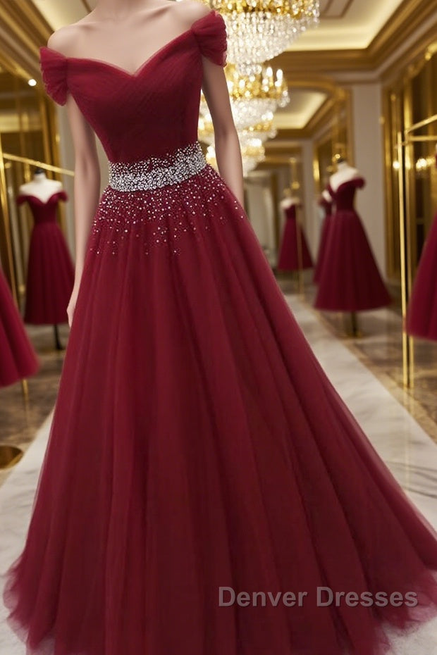 Off Shoulder Burgundy Tulle Long Prom Dress with Sequins, Burgundy Tulle Formal Evening Dress Main image