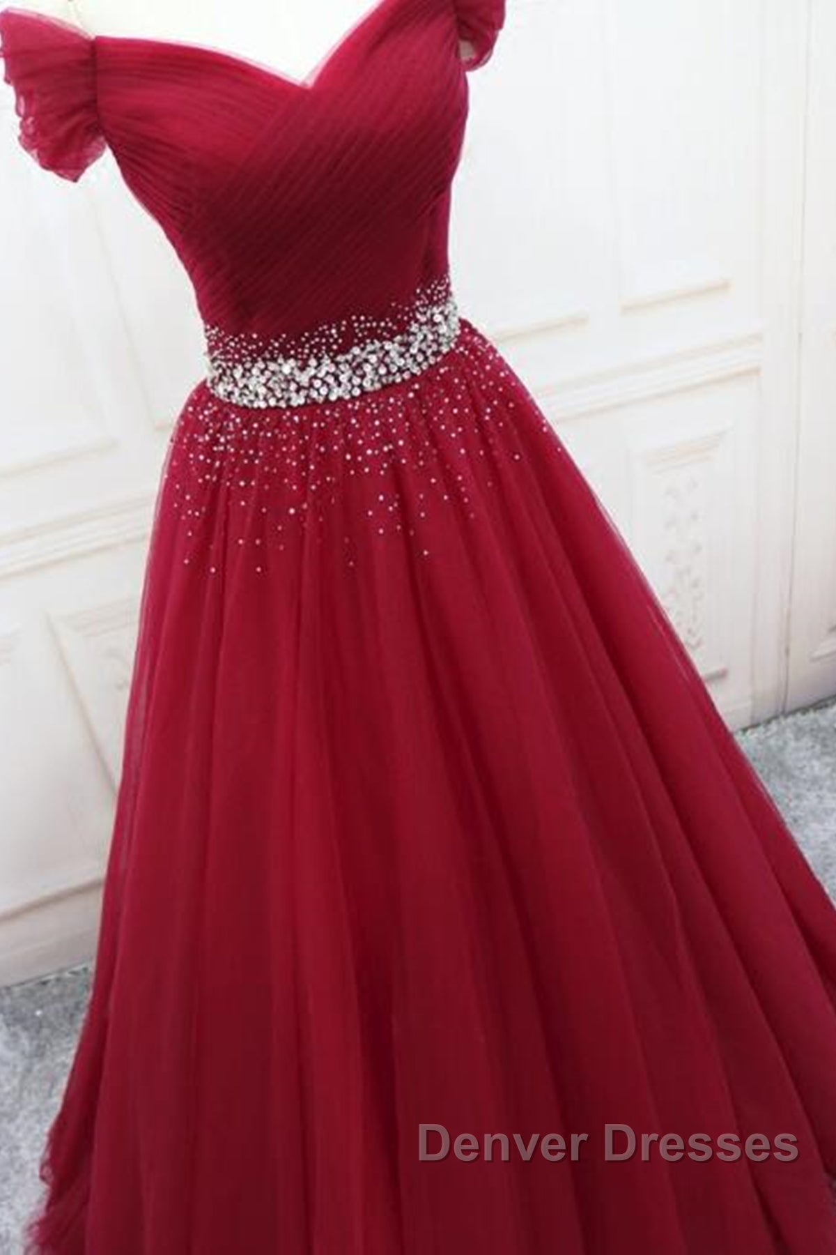 Off Shoulder Burgundy Tulle Long Prom Dress with Sequins, Burgundy Tulle Formal Evening Dress Secondary image