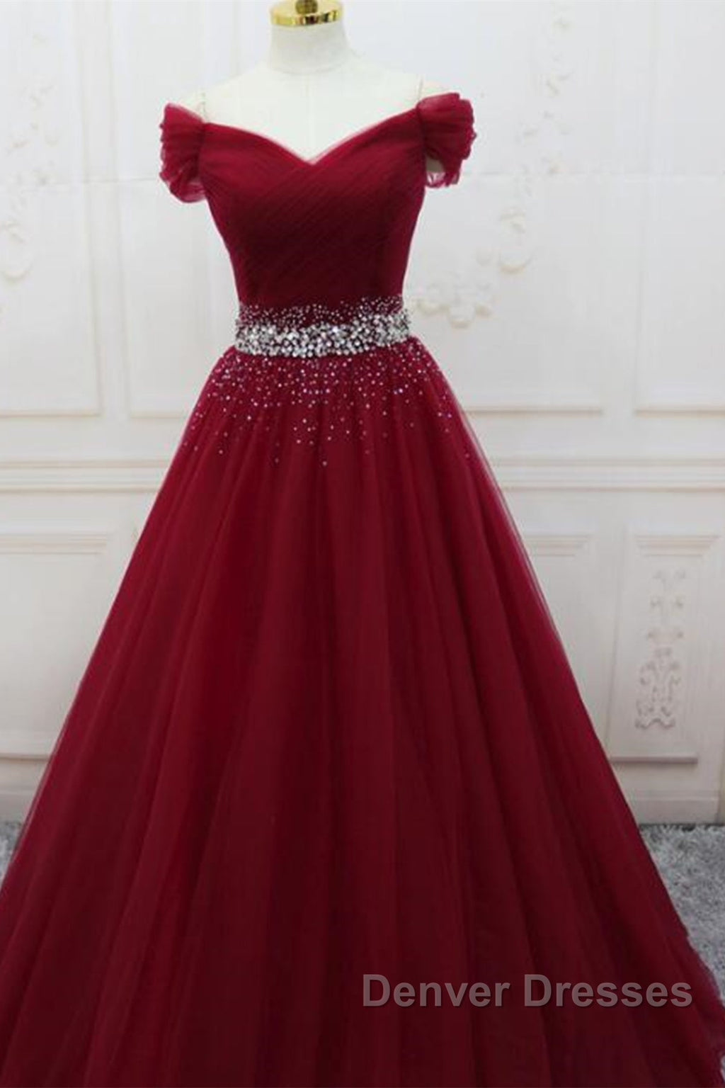 Off Shoulder Burgundy Tulle Long Prom Dress with Sequins, Burgundy Tulle Formal Evening Dress