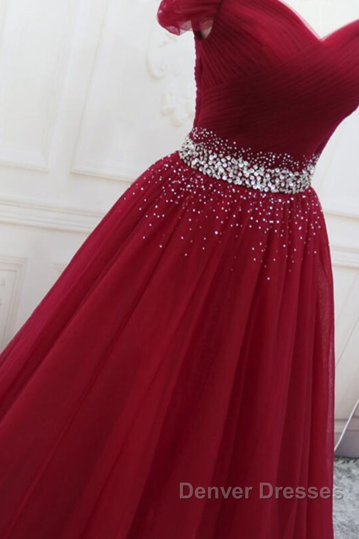 Off Shoulder Burgundy Tulle Long Prom Dress with Sequins, Burgundy Tulle Formal Evening Dress