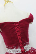 Off Shoulder Burgundy Tulle Long Prom Dress with Sequins, Burgundy Tulle Formal Evening Dress