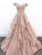 Off Shoulder Dusty Champagne Lace Cheap Long Evening Prom Dresses, Evening Party Prom Dresses
