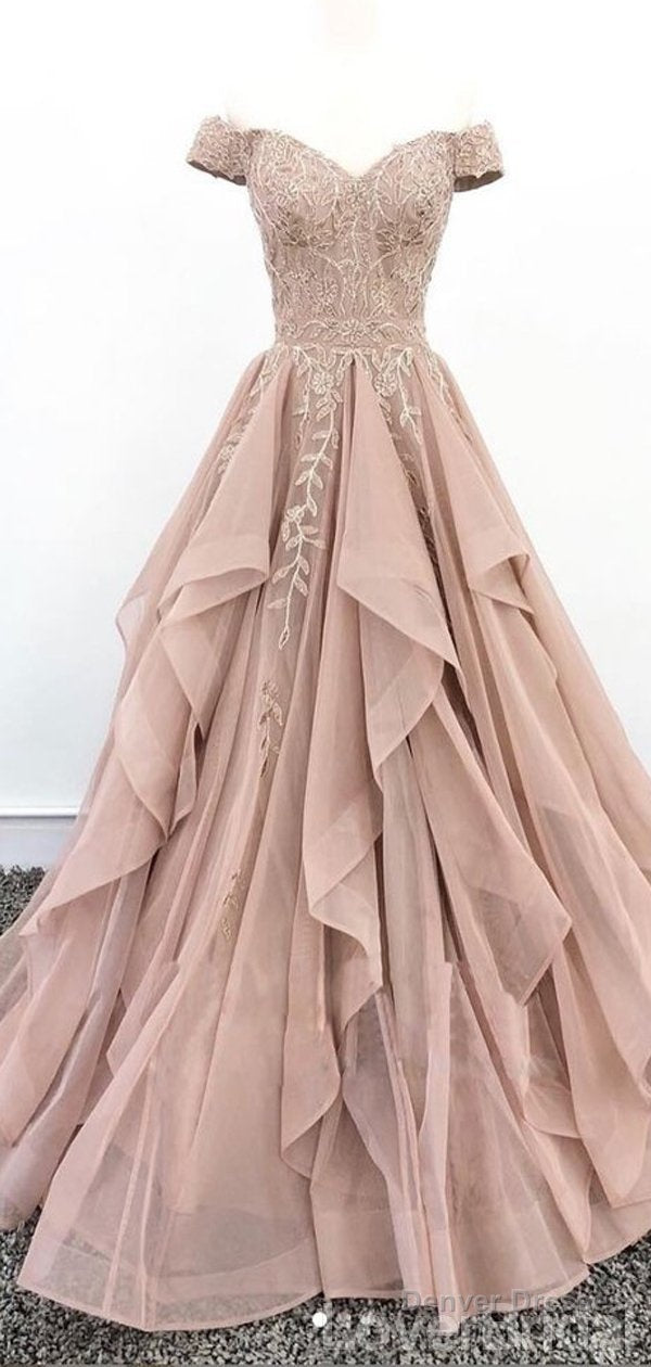 Off Shoulder Dusty Champagne Lace Cheap Long Evening Prom Dresses, Evening Party Prom Dresses Secondary image