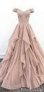 Off Shoulder Dusty Champagne Lace Cheap Long Evening Prom Dresses, Evening Party Prom Dresses