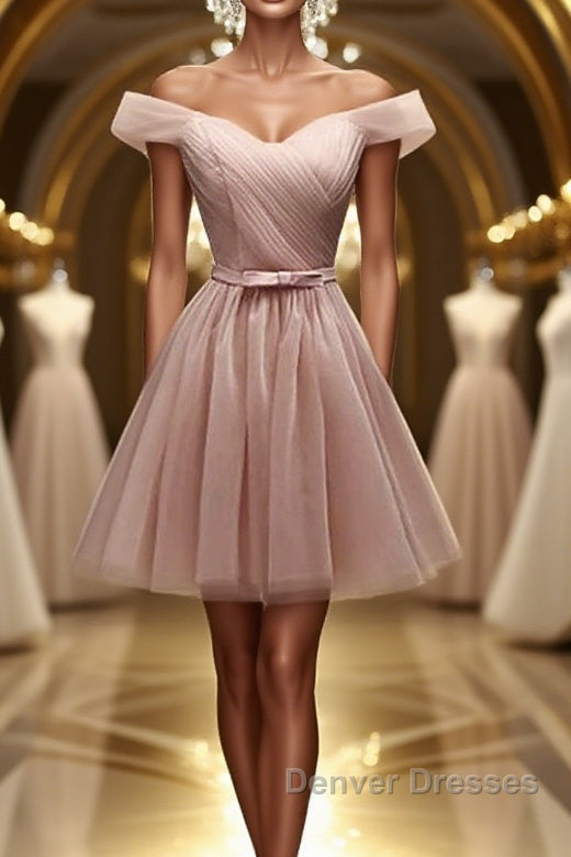 Off Shoulder Dusty Pink Tulle Short Prom Homecoming Dress, Short Pink Formal Graduation Evening Dress Main image