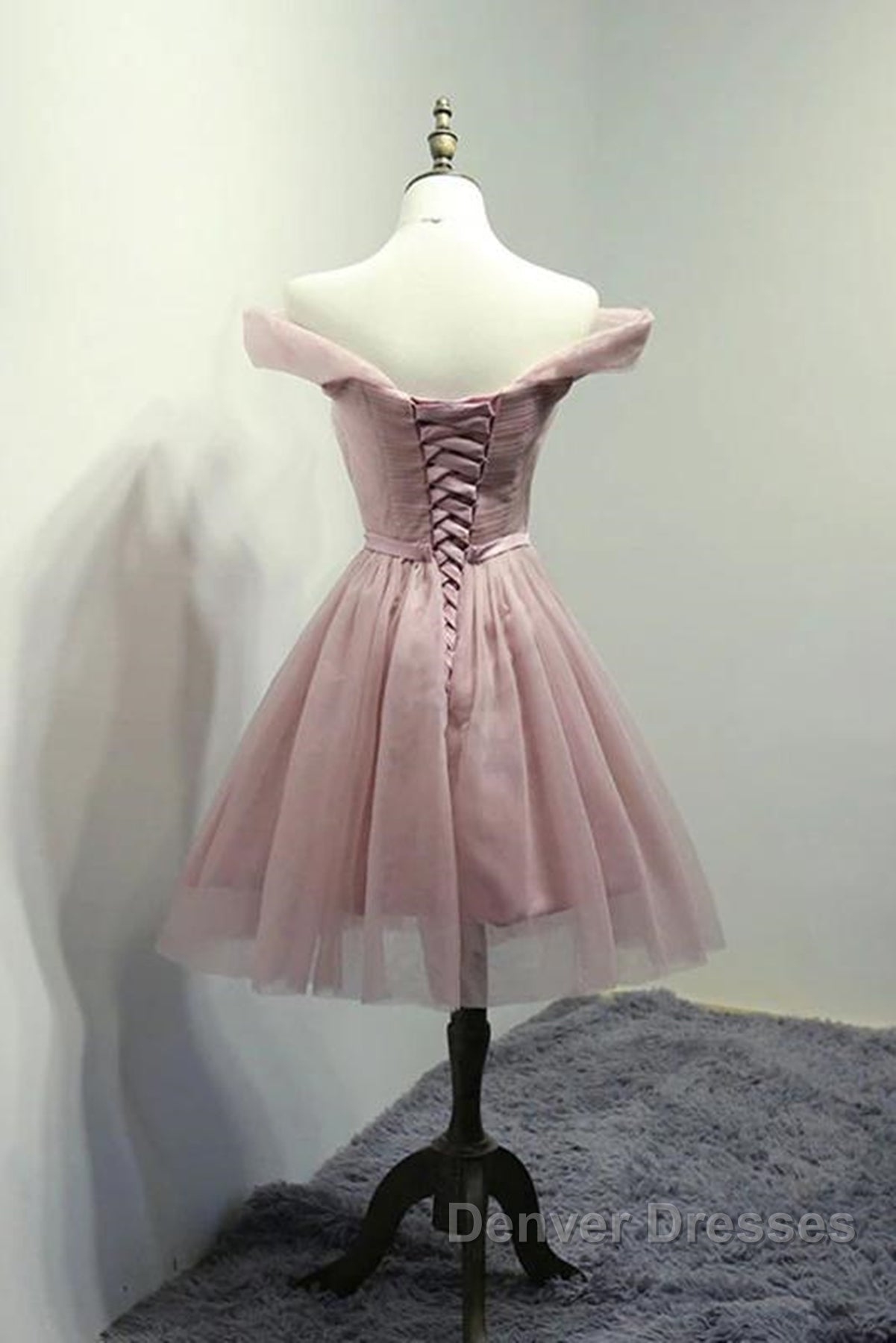 Off Shoulder Dusty Pink Tulle Short Prom Homecoming Dress, Short Pink Formal Graduation Evening Dress Secondary image