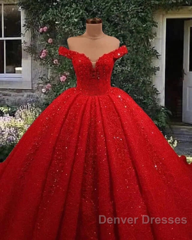 Off Shoulder Glitter Ball Gown Wedding Dress Red Sequin Bridal Wear Secondary image