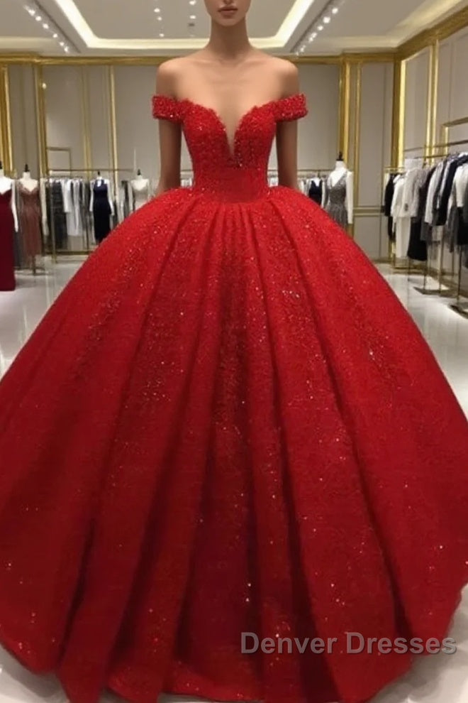 Off Shoulder Glitter Ball Gown Wedding Dress Red Sequin Bridal Wear Main image