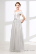 Off Shoulder Gray Formal Floor Length Prom Dresses