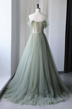 Off Shoulder Green Tulle Floral Long Prom Dress, Off the Shoulder Green Formal Evening Dress with 3D Flowers