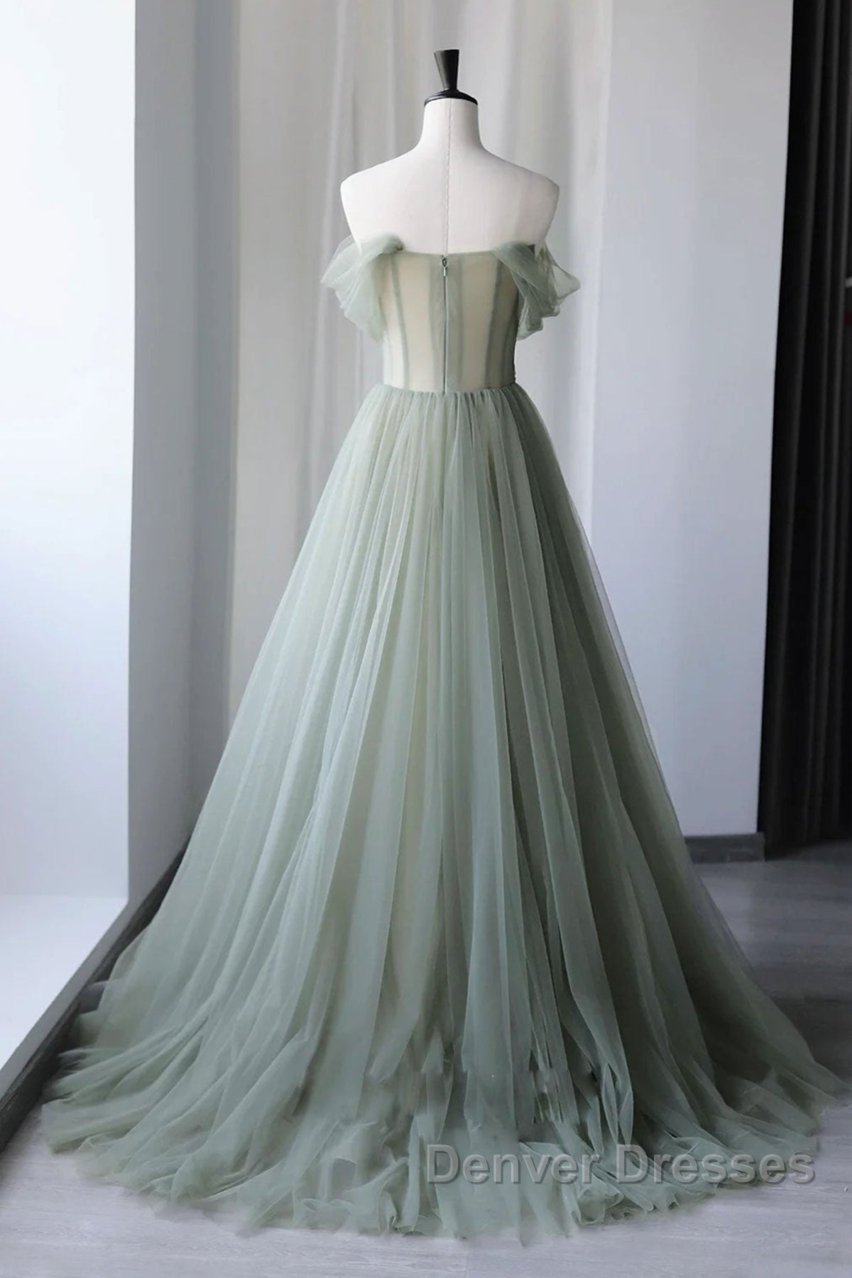 Off Shoulder Green Tulle Floral Long Prom Dress, Off the Shoulder Green Formal Evening Dress with 3D Flowers
