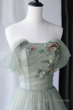 Off Shoulder Green Tulle Floral Long Prom Dress, Off the Shoulder Green Formal Evening Dress with 3D Flowers