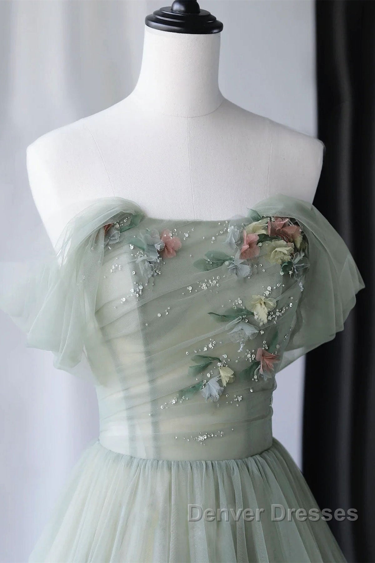 Off Shoulder Green Tulle Floral Long Prom Dress, Off the Shoulder Green Formal Evening Dress with 3D Flowers