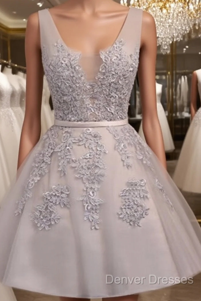 Off Shoulder Grey Lace Cute Tulle Homecoming Dress Main image