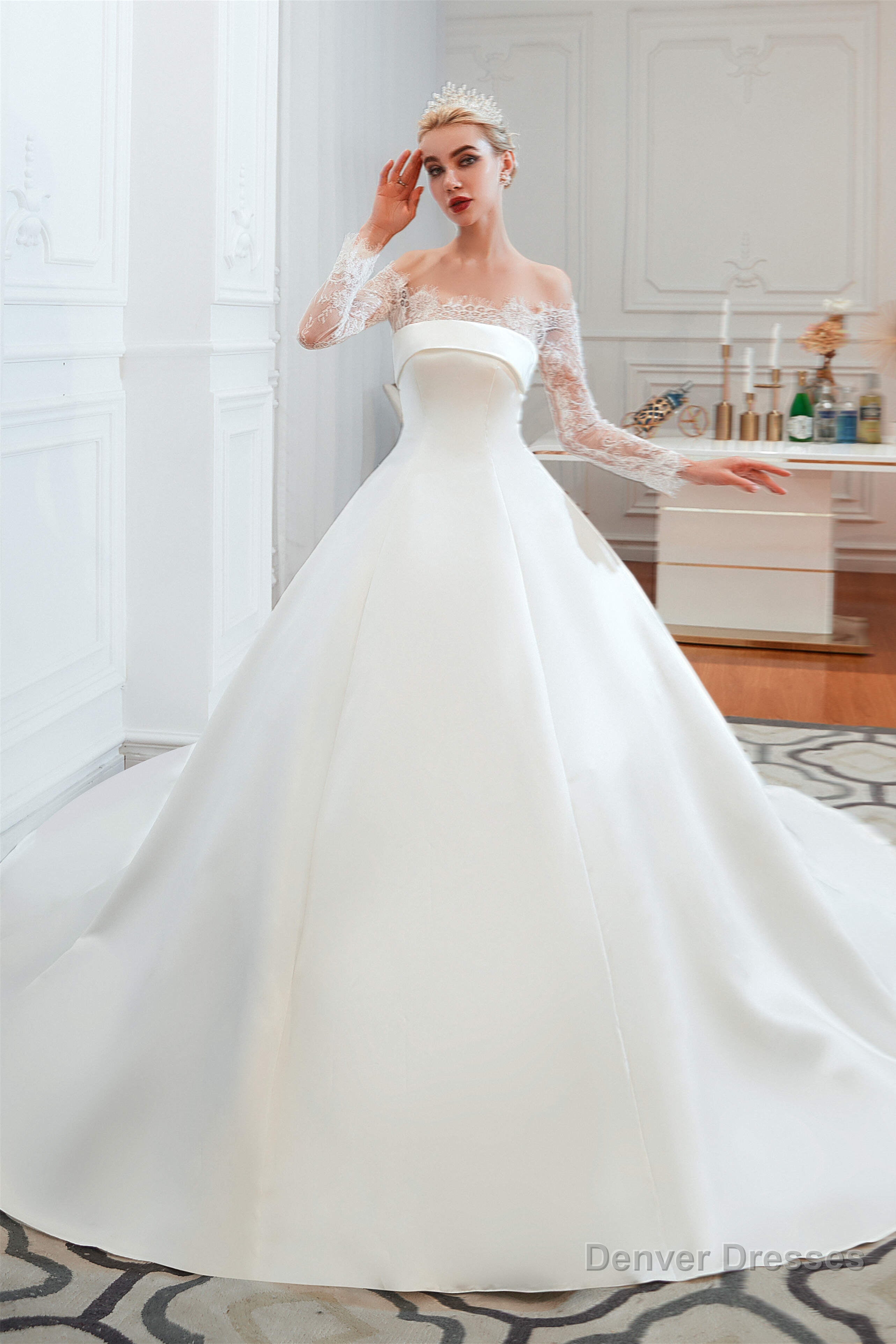Off-Shoulder Lace Satin Wedding Dresses with Sleeves Secondary image