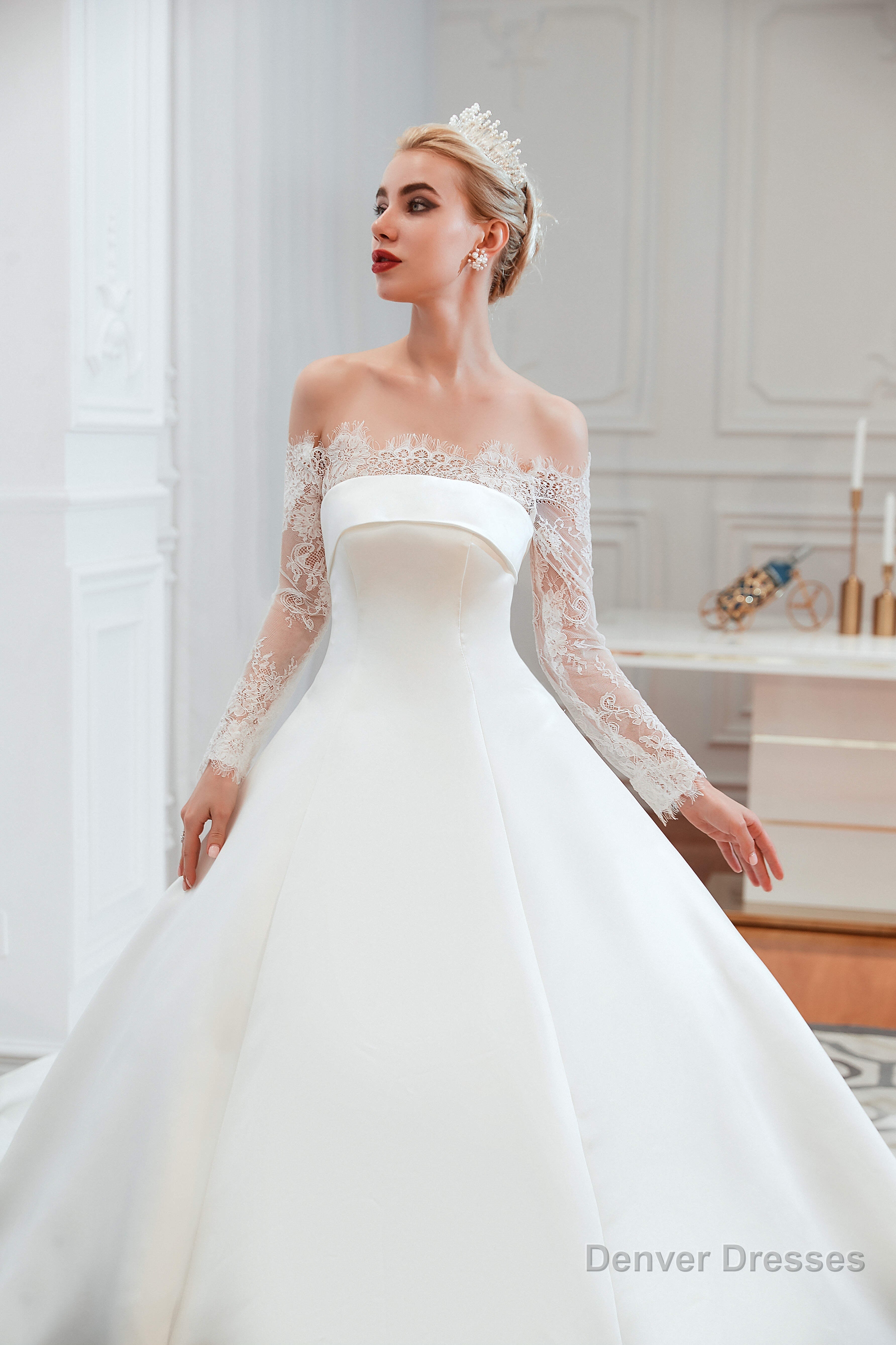 Off-Shoulder Lace Satin Wedding Dresses with Sleeves