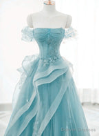 Off Shoulder Lace-up Formal Dress,Blue Birthday Dress Pretty Prom Dress