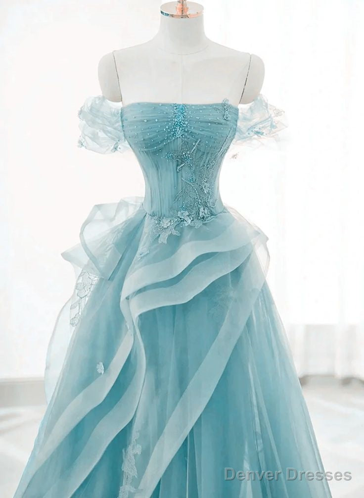 Off Shoulder Lace-up Formal Dress,Blue Birthday Dress Pretty Prom Dress Secondary image