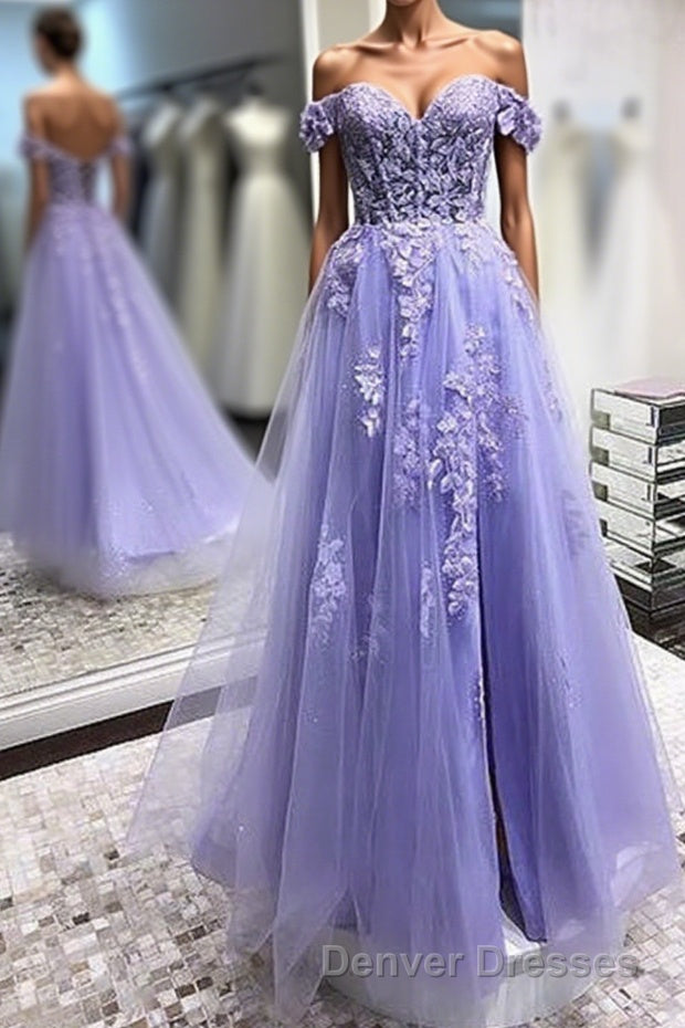 Off Shoulder Lavender Lace Long Prom Dress, Lilac Lace Formal Dress, Purple Evening Dress