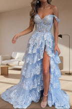 Off Shoulder Layered Navy Blue Lace Long Prom Dress With Split, Off The Shoulder Navy Blue Formal Dress
