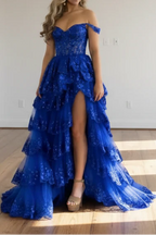Off Shoulder Layered Navy Blue Lace Long Prom Dress With Split, Off The Shoulder Navy Blue Formal Dress