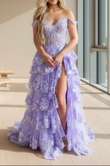 Off Shoulder Layered Navy Blue Lace Long Prom Dress With Split, Off The Shoulder Navy Blue Formal Dress