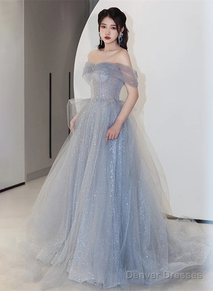 Off Shoulder Light Blue Tulle Long Party Dress, Shiny Tulle A-Line Prom Dress Secondary image