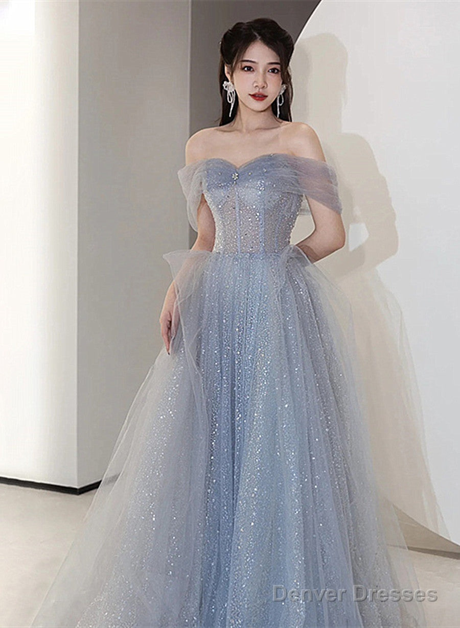 Off Shoulder Light Blue Tulle Long Party Dress, Shiny Tulle A-Line Prom Dress