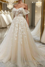 Off Shoulder Light Champagne Tulle Lace Long Prom Dress, Light Champagne Lace Formal Evening Dress