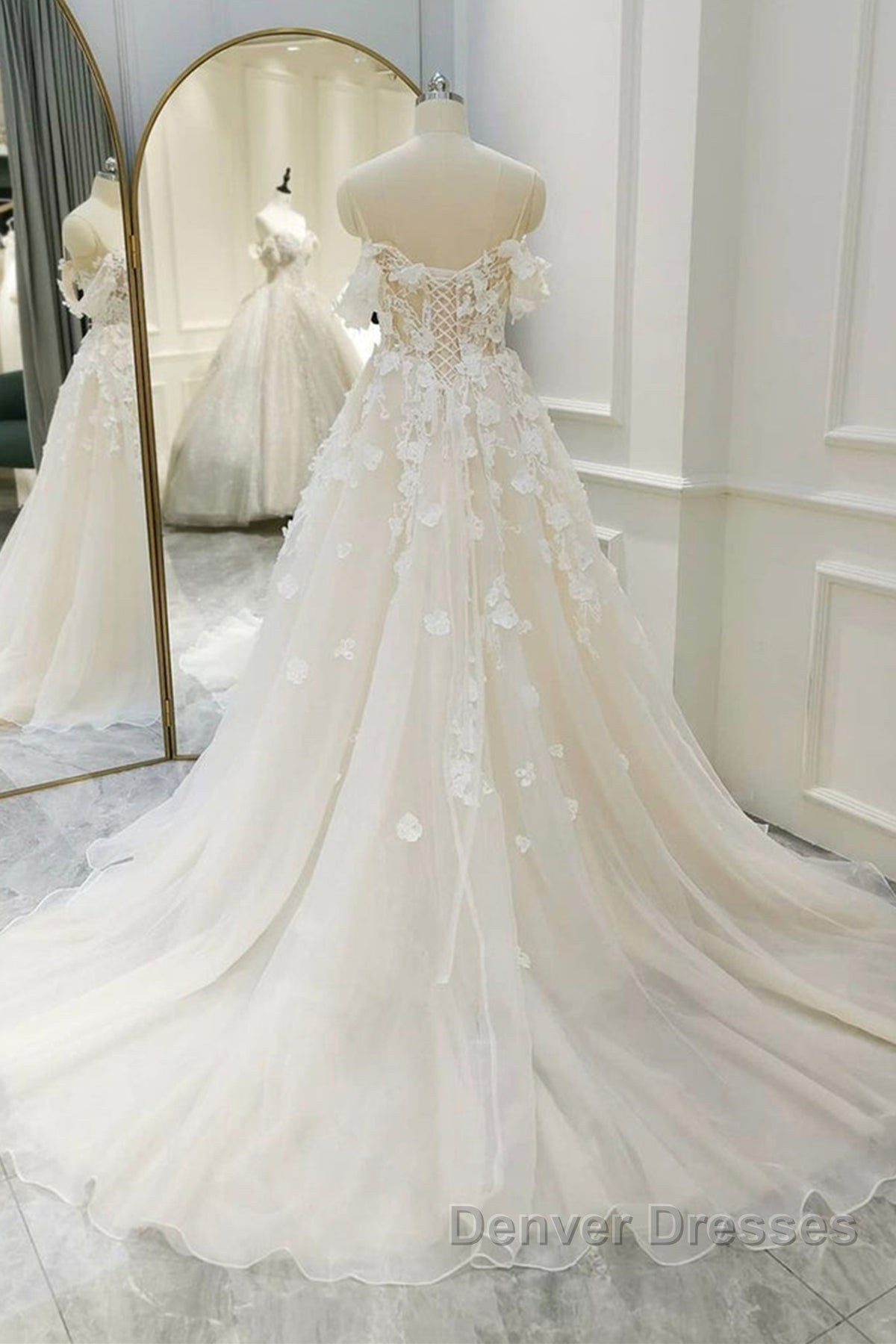 Off Shoulder Light Champagne Tulle Lace Long Prom Dress, Light Champagne Lace Formal Evening Dress